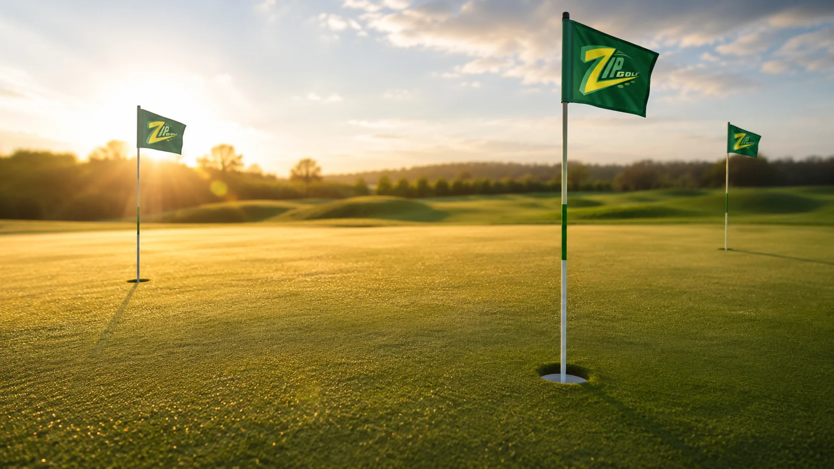 Three ZIPGOLF flags on a green with sunrise light
